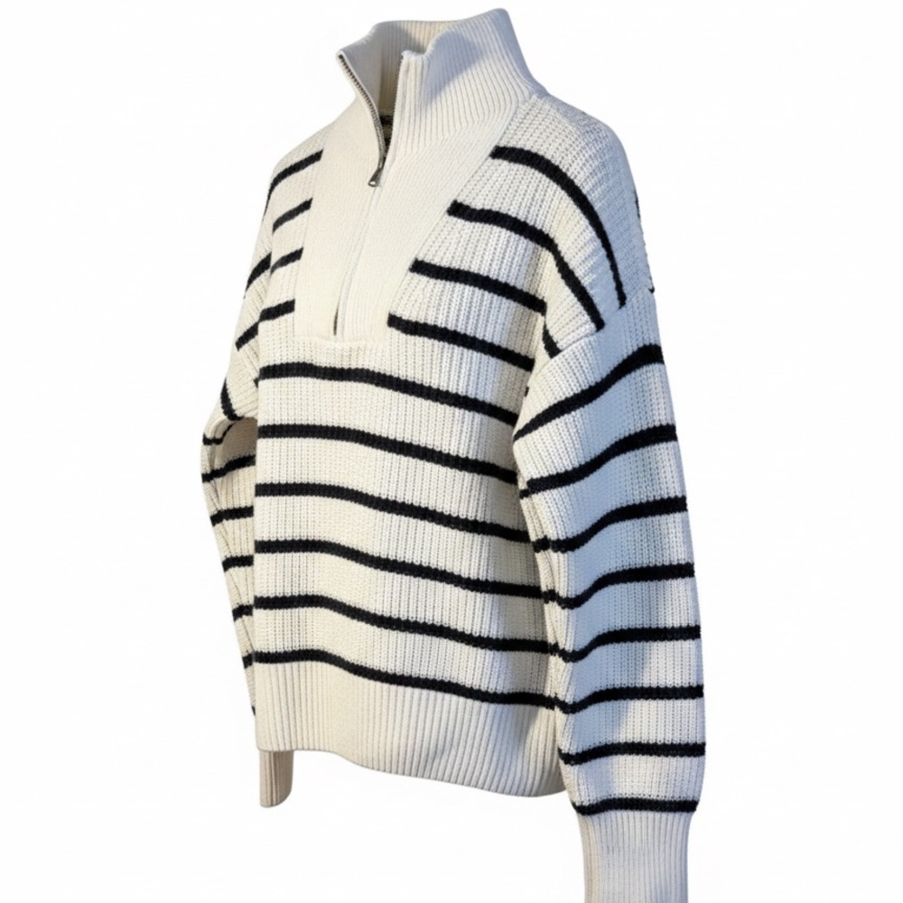 Faherty White and Black Striped Turtleneck Sweater